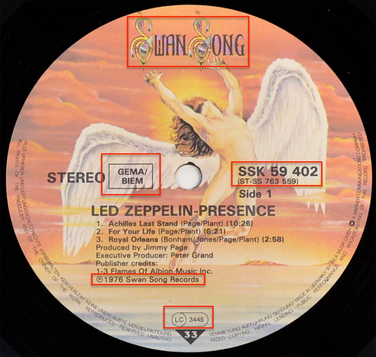 Label of Led Zeppelin's 'Presence' vinyl record under Swan Song Records, featuring the iconic Icarus logo, track listing for Side 1, catalog number SSK 59 402, and various copyright and publishing details.
